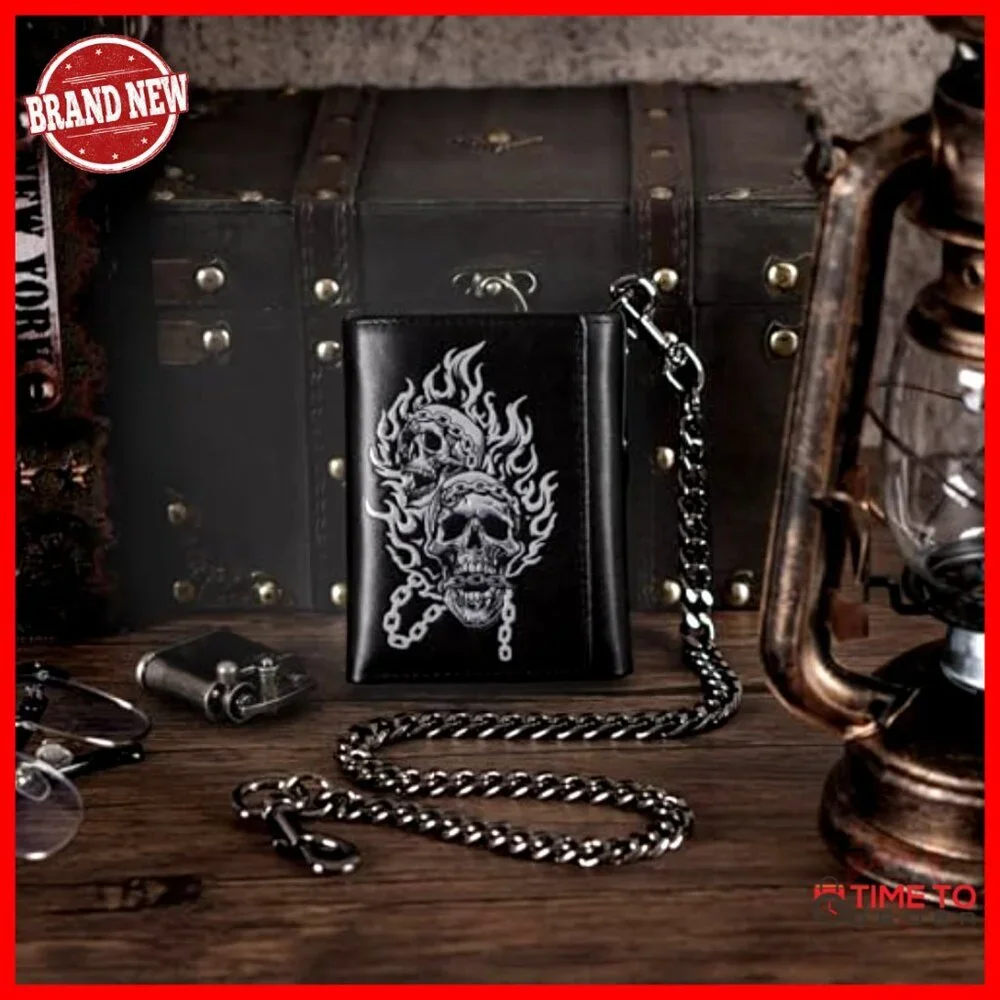 Men's Trifold Wallet With Detachable Chain RFID Blocking Leather
